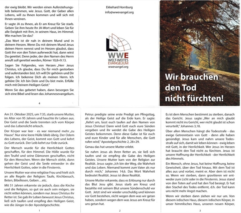 Weltweites Evangelium: Wir brauchen den Tod nicht fürchten (Traktat)
